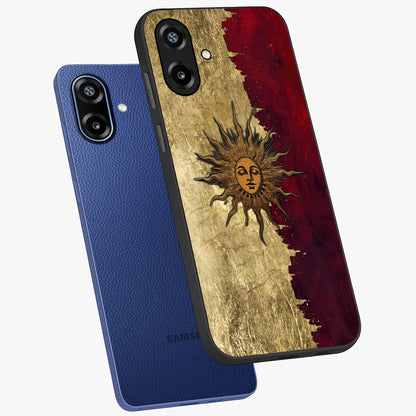 Crimson Sun Majesty Glass Case displayed in angled mockup highlighting majestic crimson sun design with bold aesthetic style.