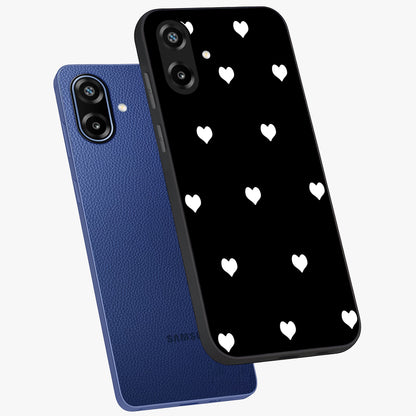 Cute And Simple White Hearts Glass Case displayed in angled mockup highlighting cute heart design with clean aesthetic style.