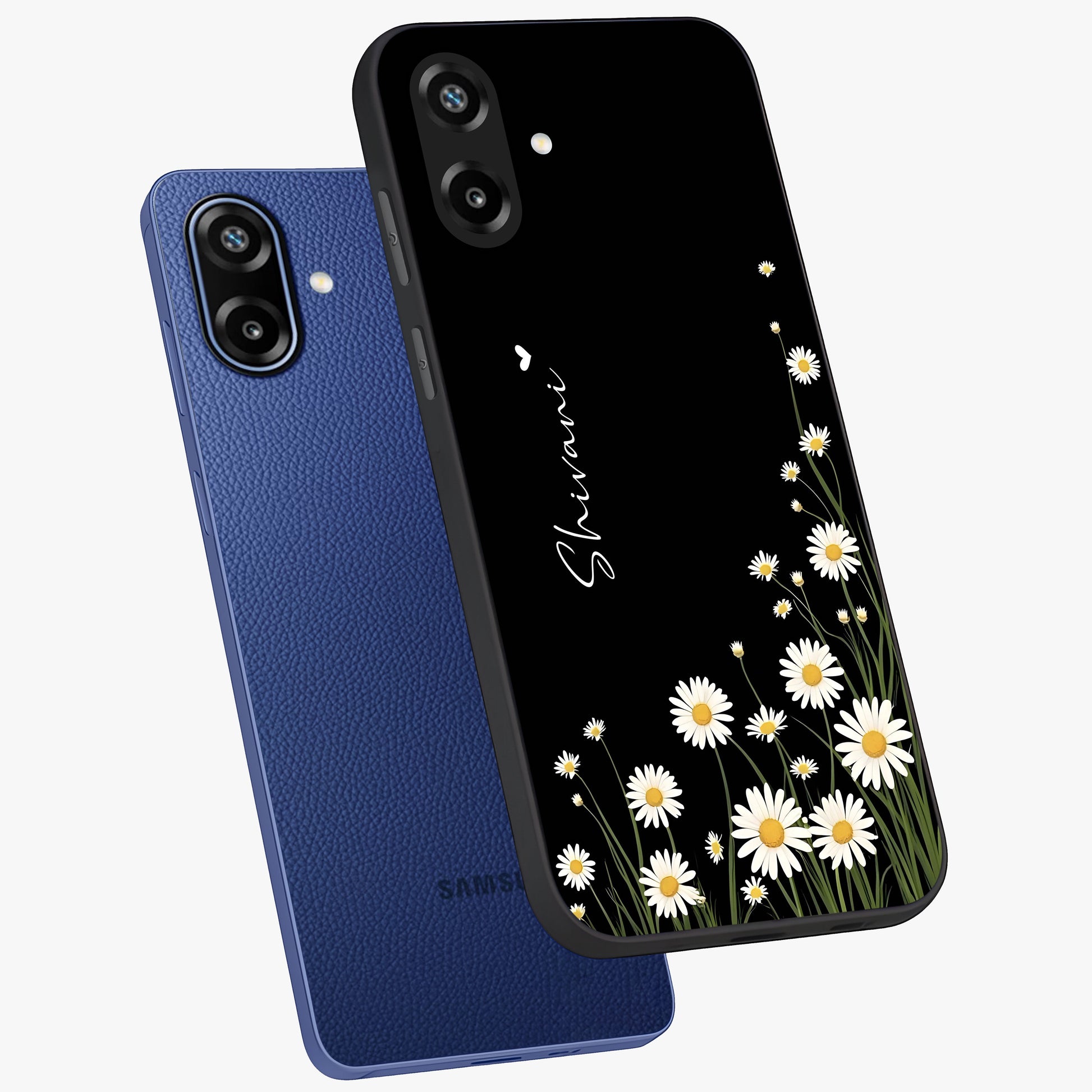 Daisy Cascade Custom Name Glass Case displayed in angled mockup highlighting delicate daisy artwork with custom name feature.