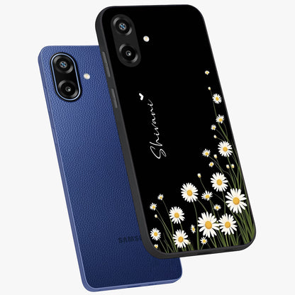 Daisy Cascade Custom Name Glass Case displayed in angled mockup highlighting delicate daisy artwork with custom name feature.