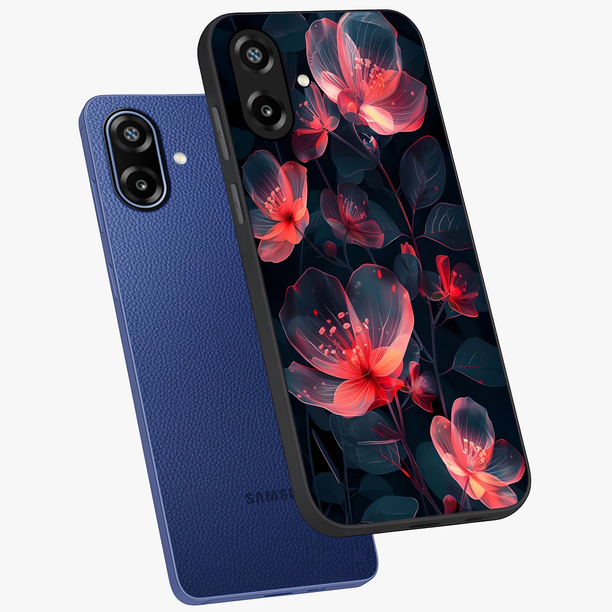 Dark Shade of Flower Glass Case displayed in angled mockup highlighting moody floral illustration with aesthetic dark tones.