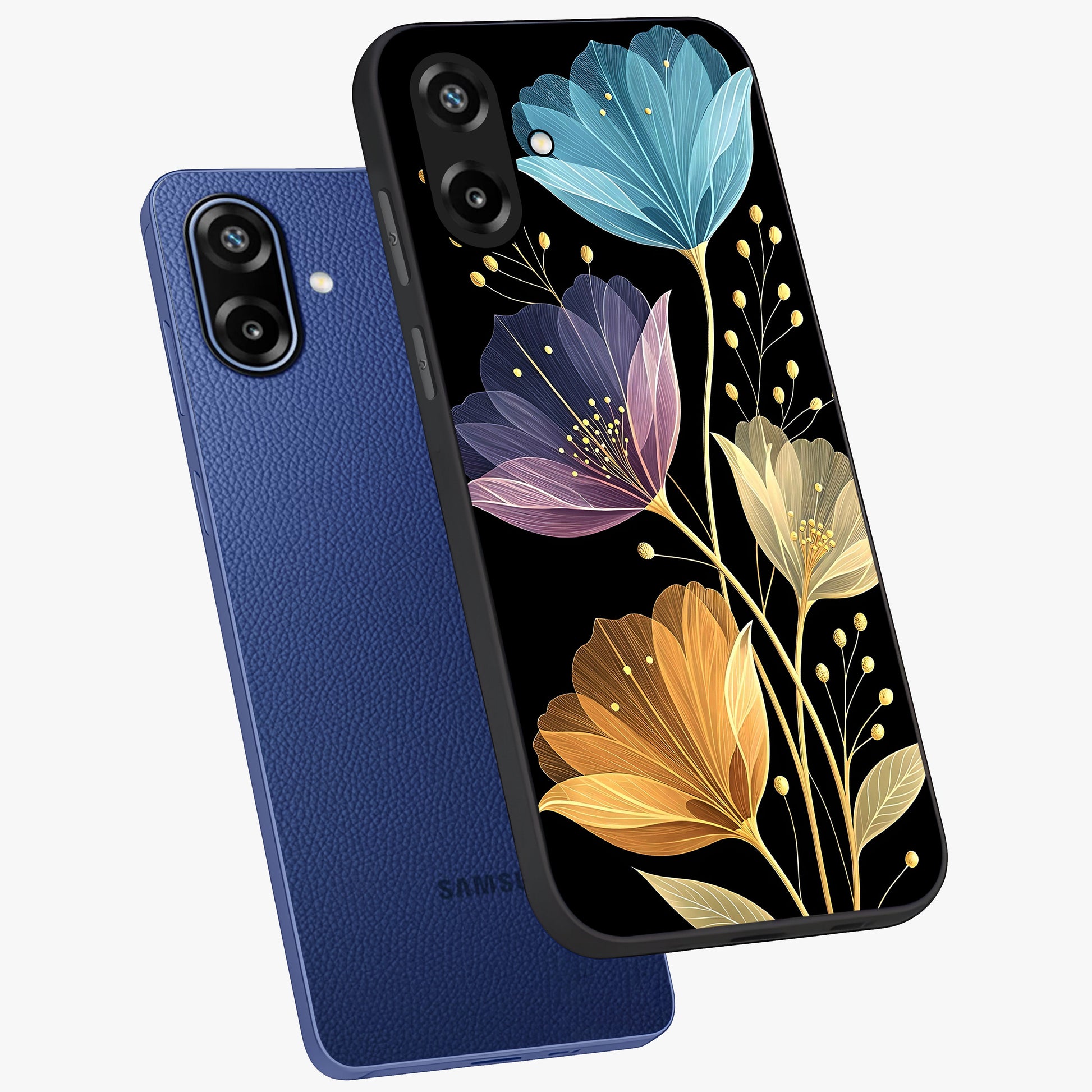 Delicate Multicolor Flowers Glass Case displayed in angled mockup highlighting colorful flower pattern with soft aesthetic style.
