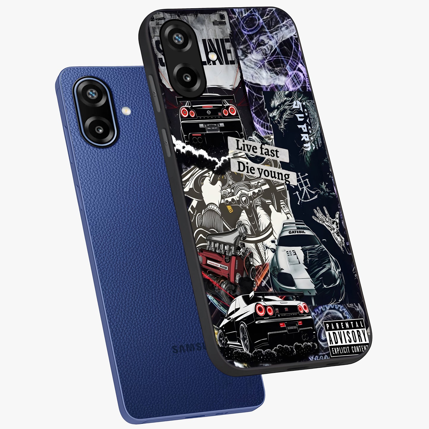 Die Young Glass Case displayed in angled mockup highlighting expressive graphic artwork with edgy aesthetic style.
