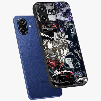 Die Young Glass Case displayed in angled mockup highlighting expressive graphic artwork with edgy aesthetic style.