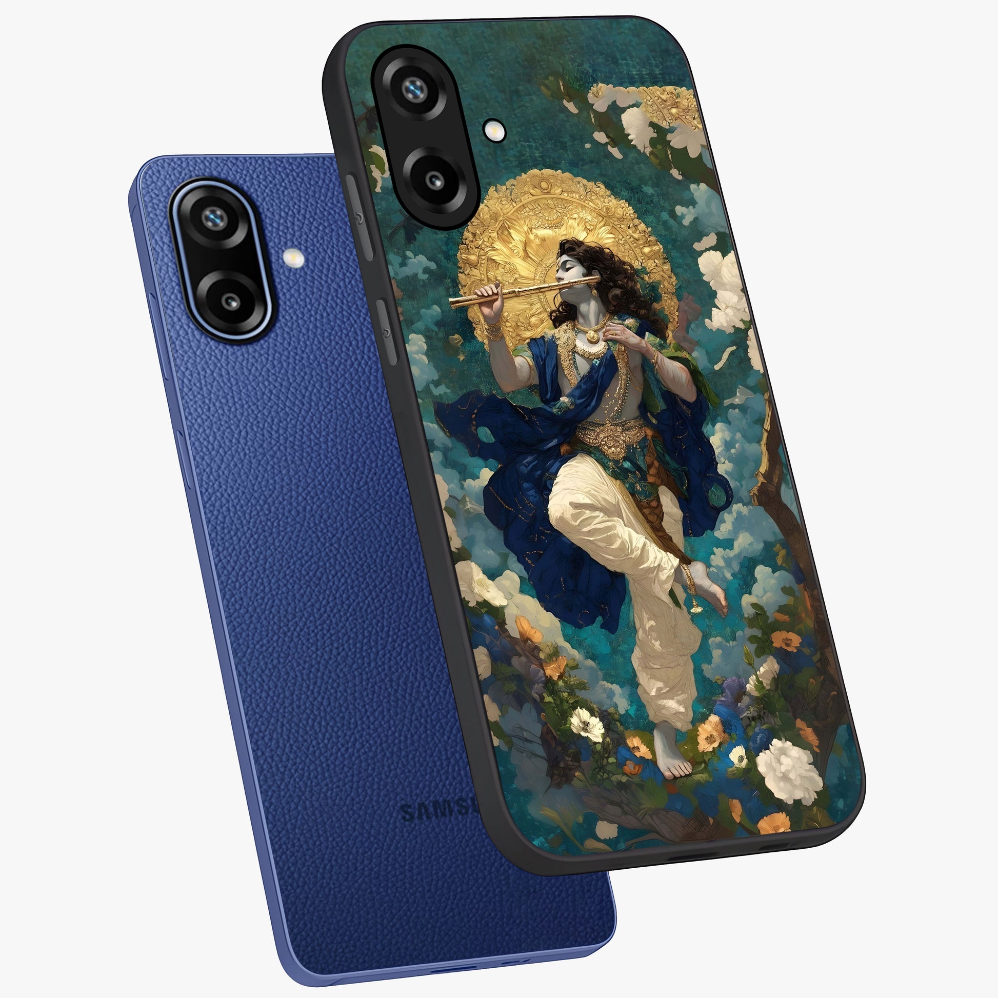 Divine Krishna Art Glass Case displayed in angled mockup highlighting spiritual Krishna illustration with devotional aesthetic.