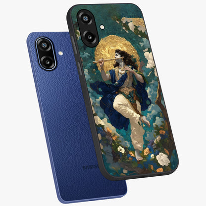 Divine Krishna Art Glass Case displayed in angled mockup highlighting spiritual Krishna illustration with devotional aesthetic.