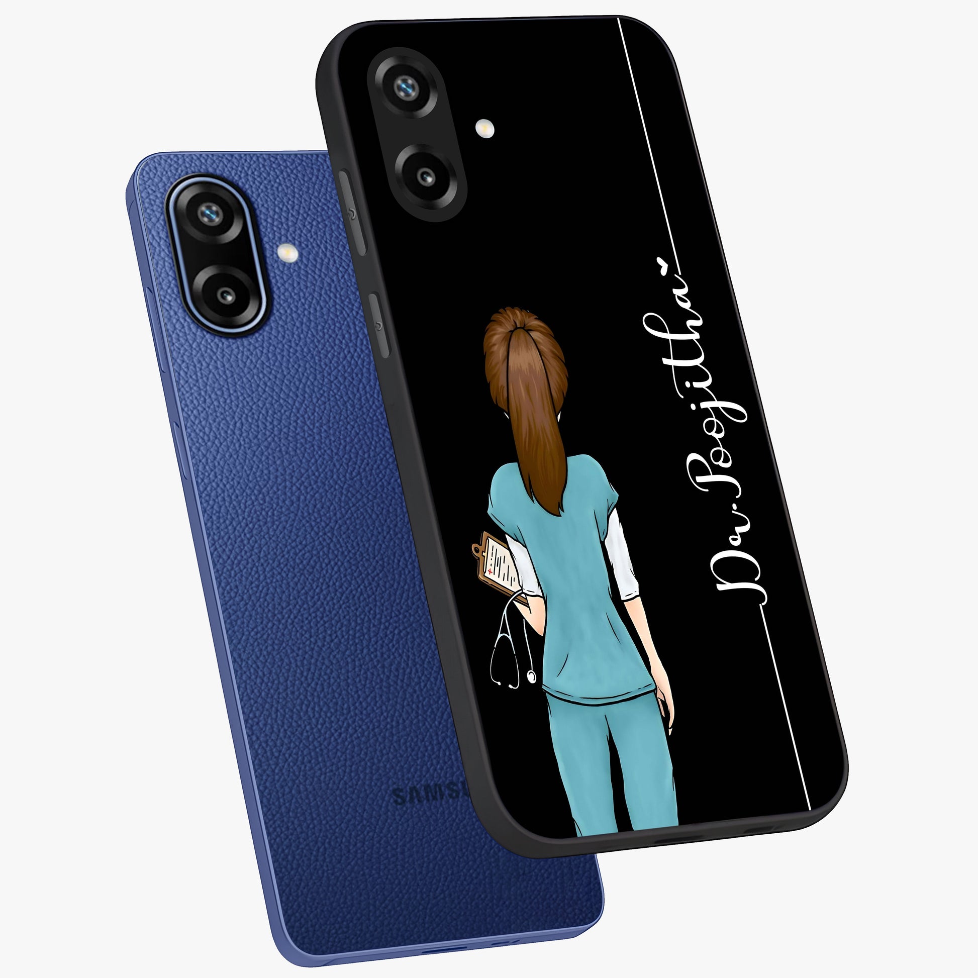 Doctor Pattern Custom Name Glass Case displayed in angled mockup highlighting doctor inspired artwork with custom name feature.