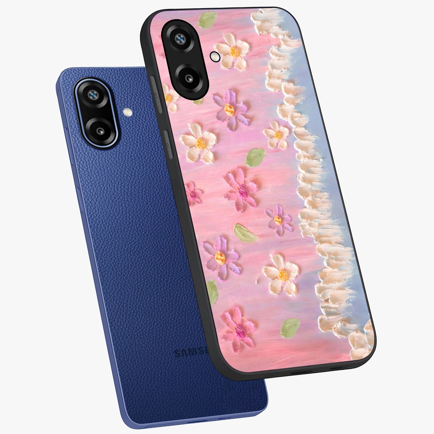 Dreamy Painted Garden Glass Case displayed in angled mockup highlighting colorful garden illustration with dreamy aesthetic style.
