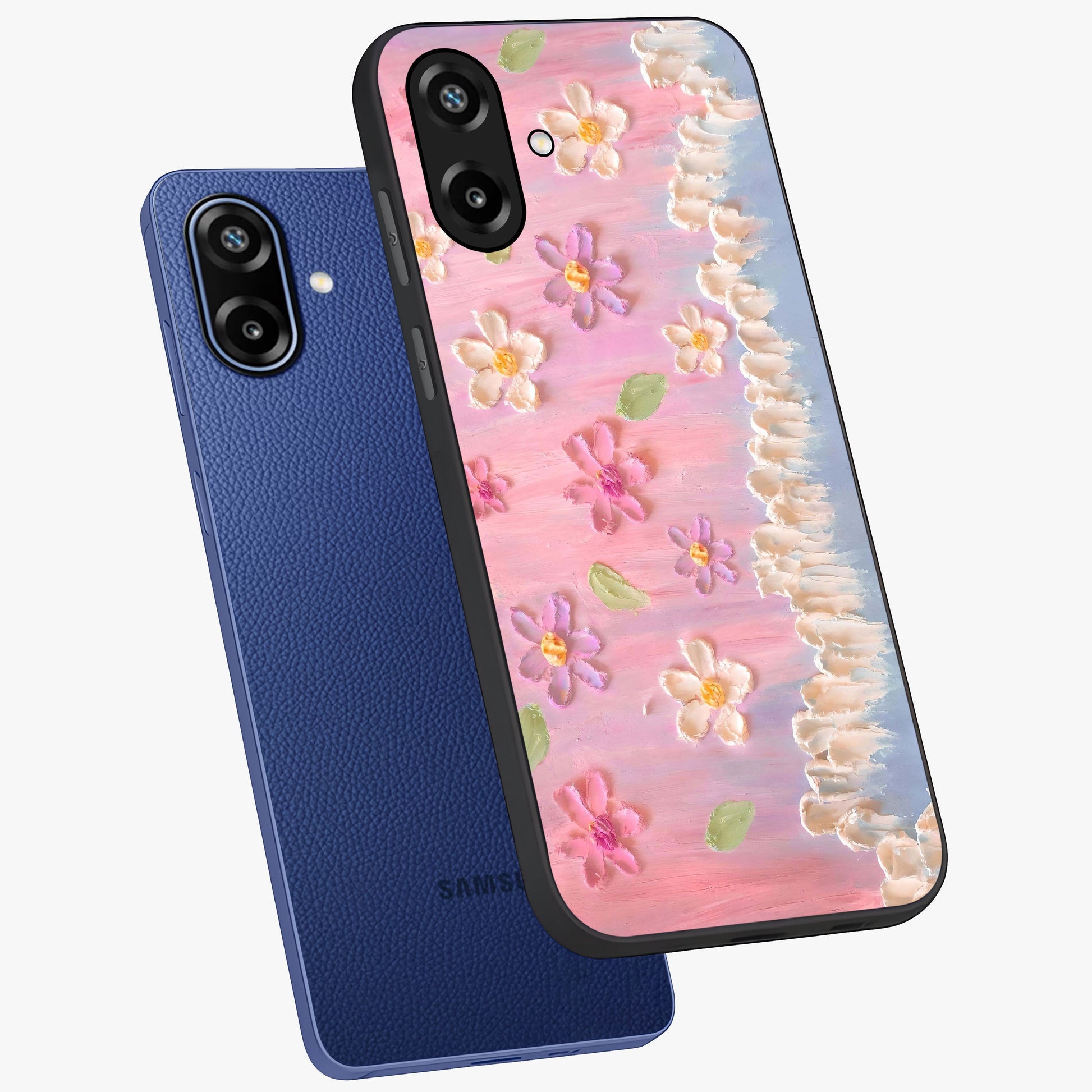 Dreamy Painted Garden Glass Case displayed in angled mockup highlighting colorful garden illustration with dreamy aesthetic style.