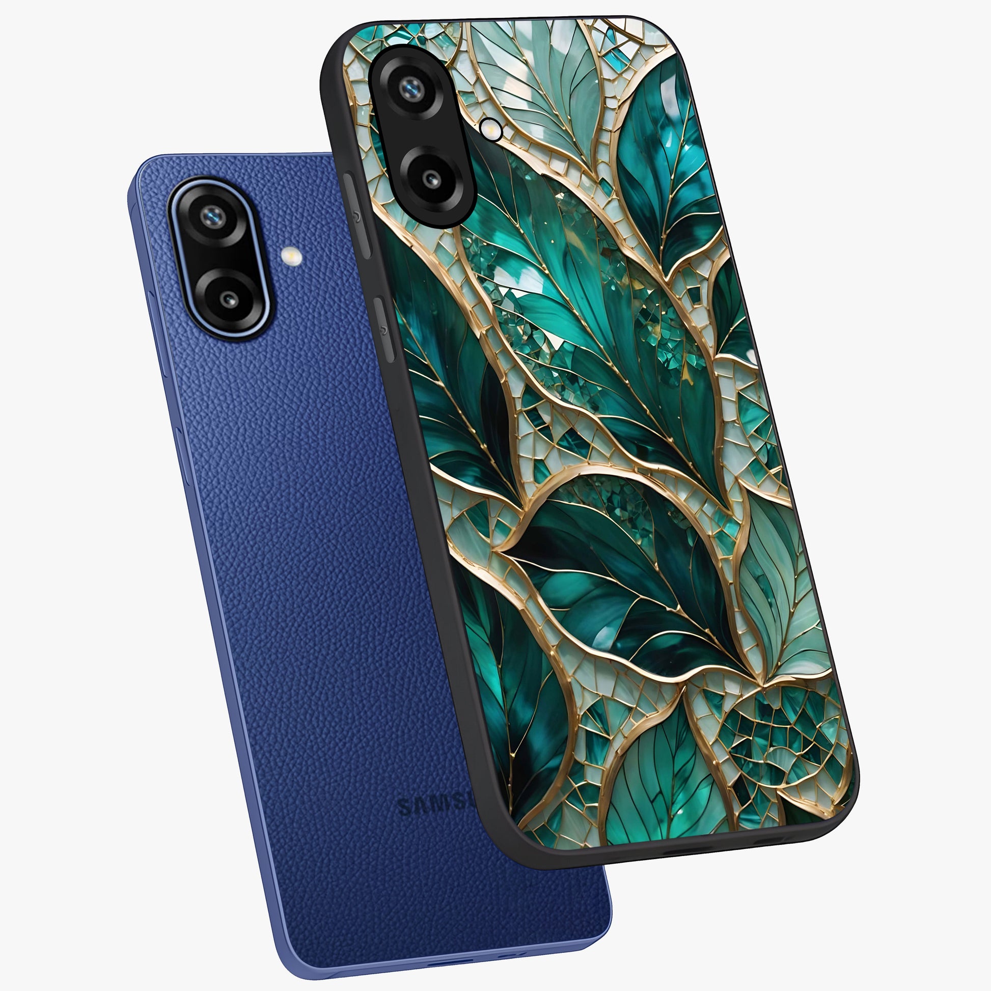 Emerald Leaf Glass Glass Case displayed in angled mockup highlighting botanical leaf illustration with elegant natural aesthetic.