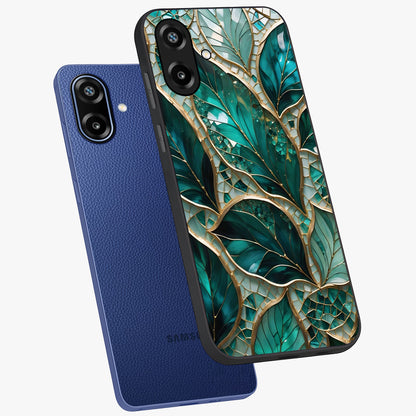 Emerald Leaf Glass Glass Case displayed in angled mockup highlighting botanical leaf illustration with elegant natural aesthetic.