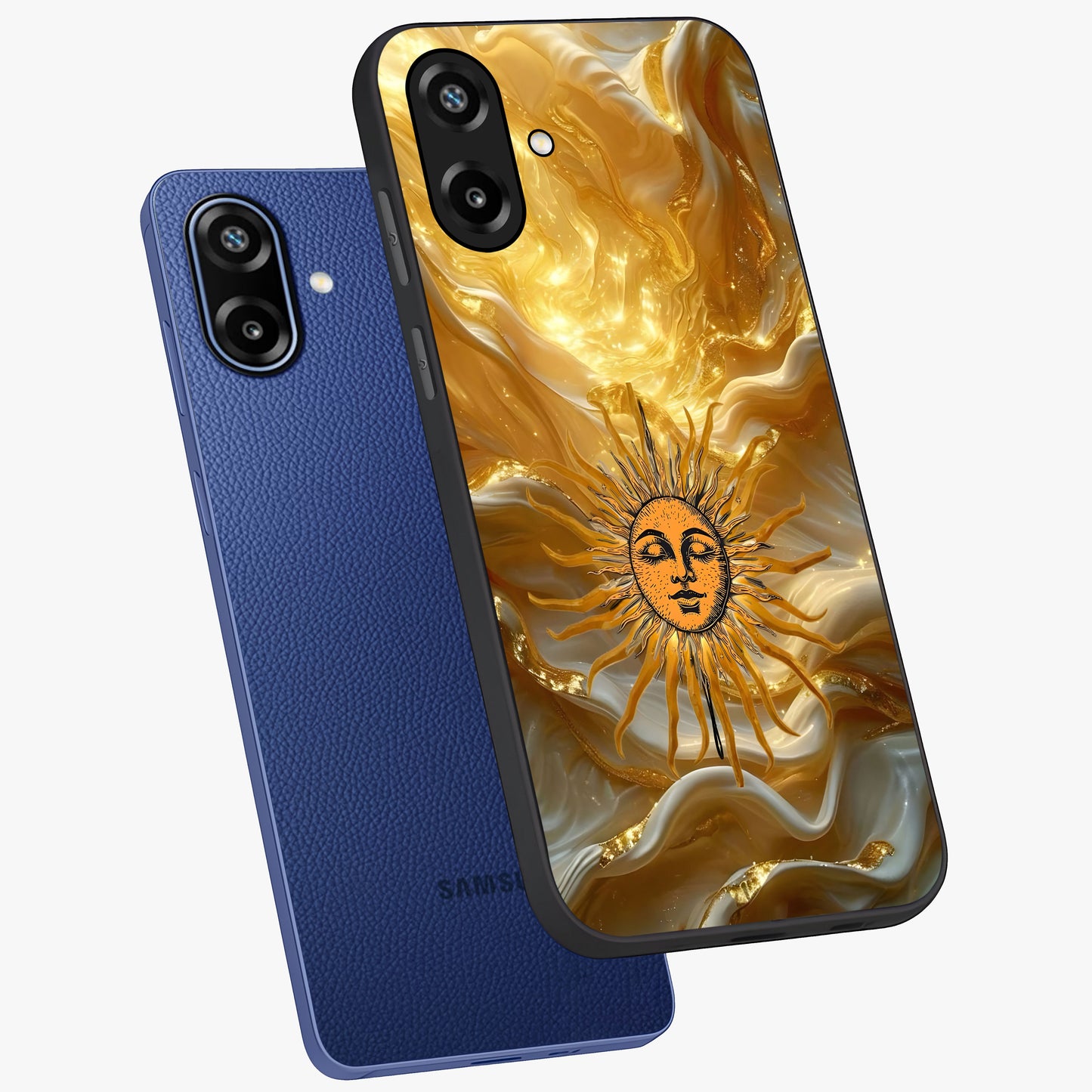 Eternal Golden Glow Glass Case displayed in angled mockup highlighting glowing golden aesthetic design with elegant style.