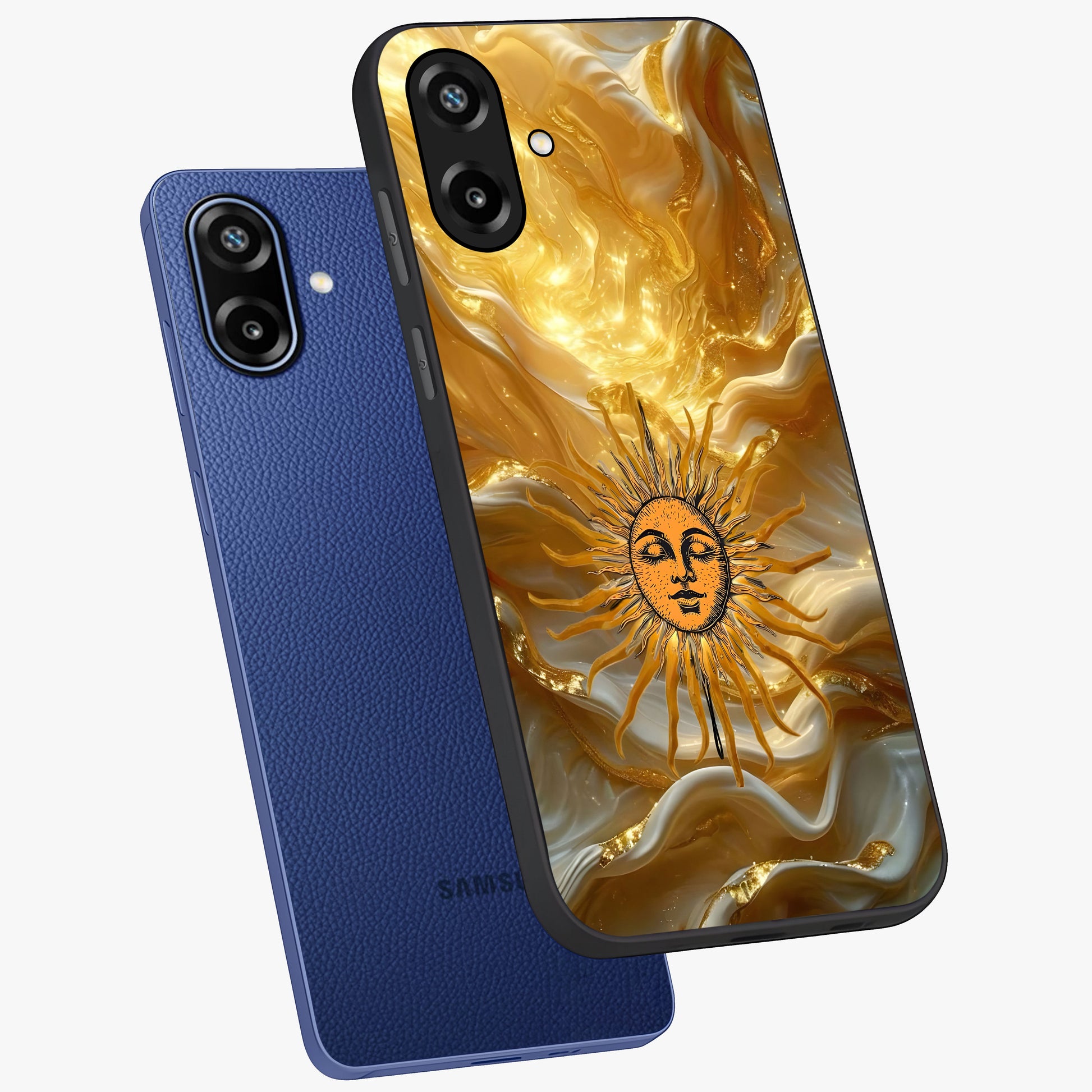 Eternal Golden Glow Glass Case displayed in angled mockup highlighting glowing golden aesthetic design with elegant style.