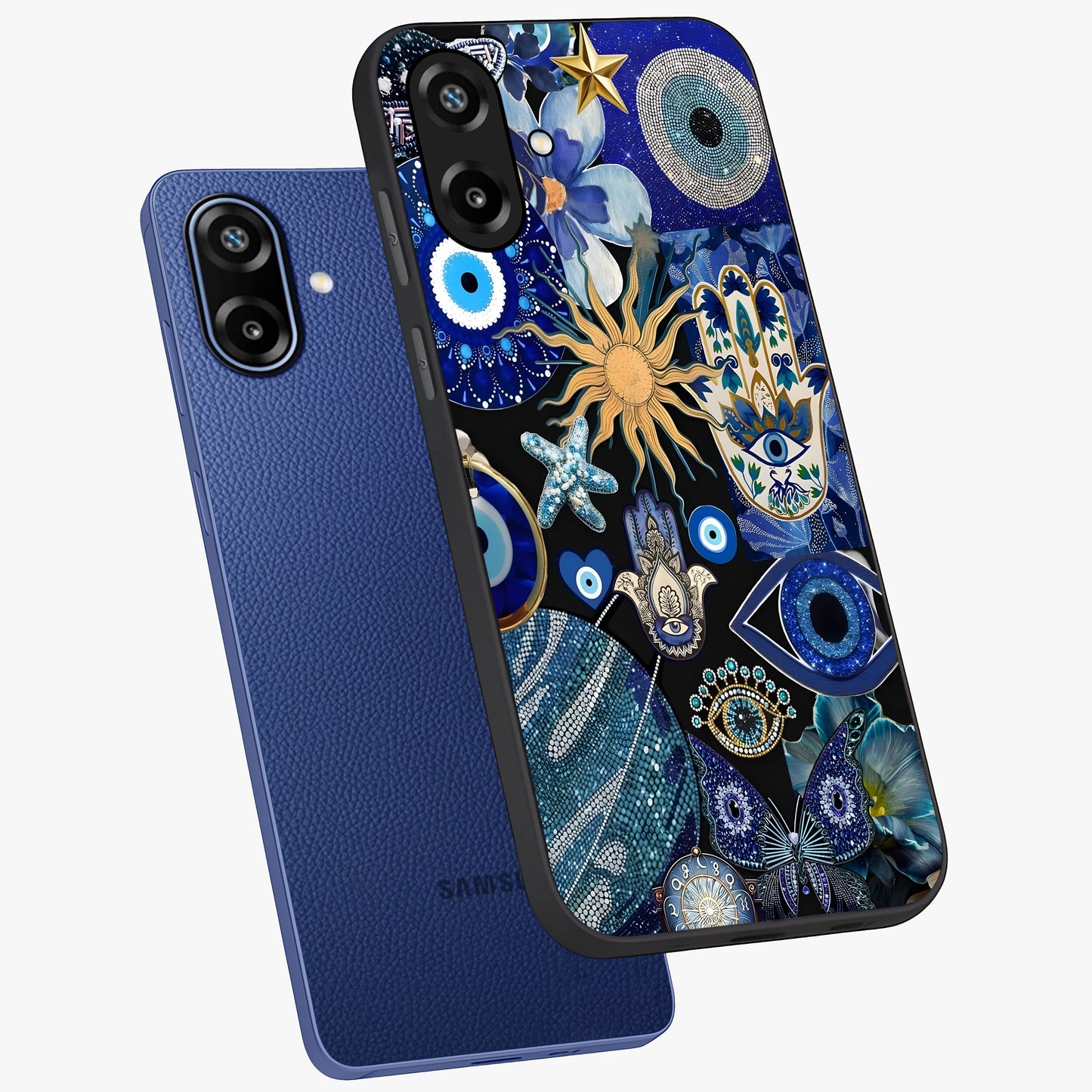 Evil Eye Charm Mix Glass Case displayed in angled mockup highlighting protective evil eye symbols with spiritual aesthetic design.