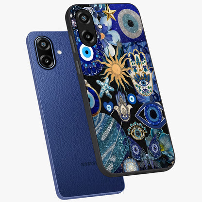 Evil Eye Charm Mix Glass Case displayed in angled mockup highlighting protective evil eye symbols with spiritual aesthetic design.