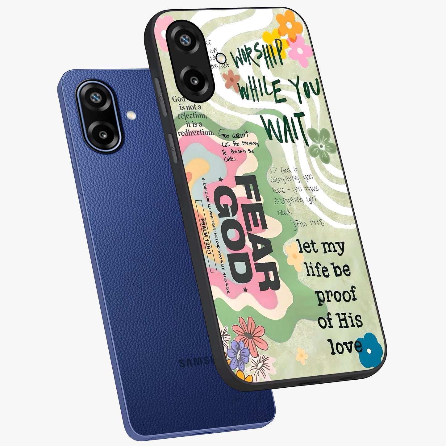 Faith Over Fear Glass Case displayed in angled mockup highlighting inspirational message design with modern aesthetic style.
