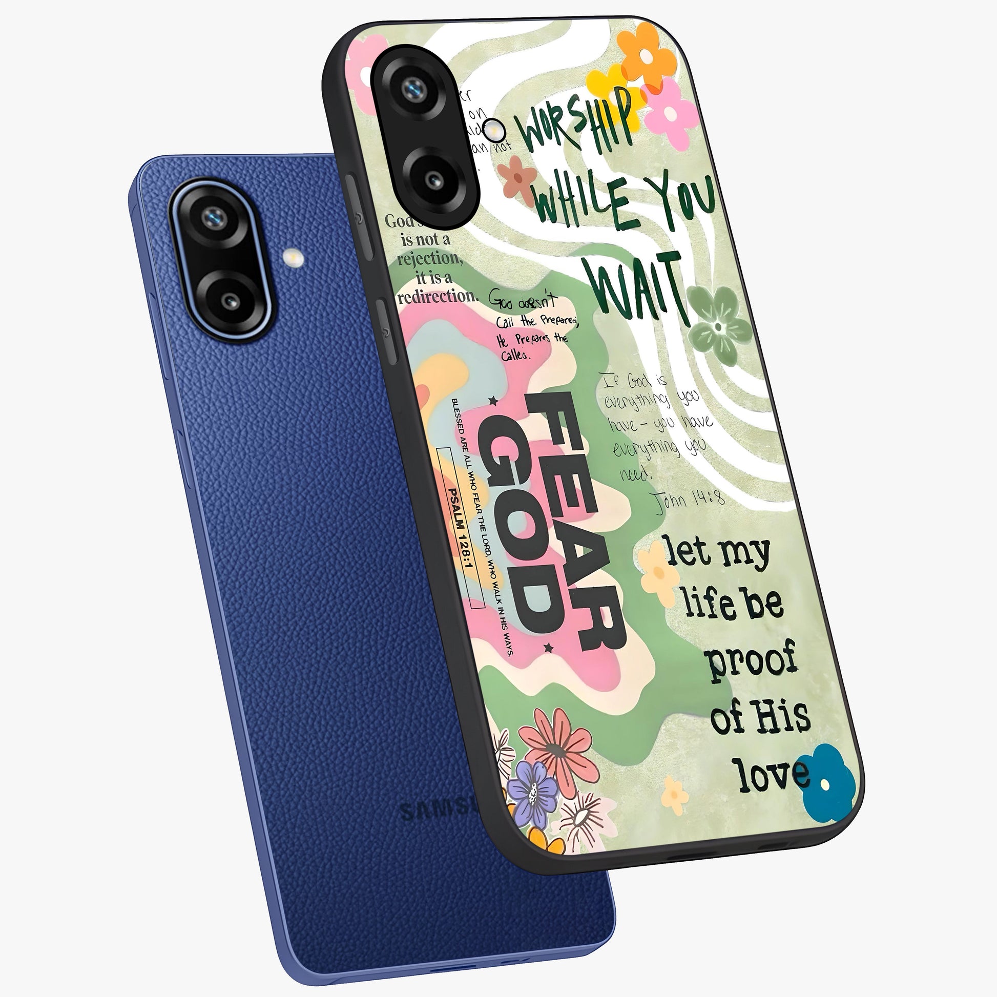 Faith Over Fear Glass Case displayed in angled mockup highlighting inspirational message design with modern aesthetic style.