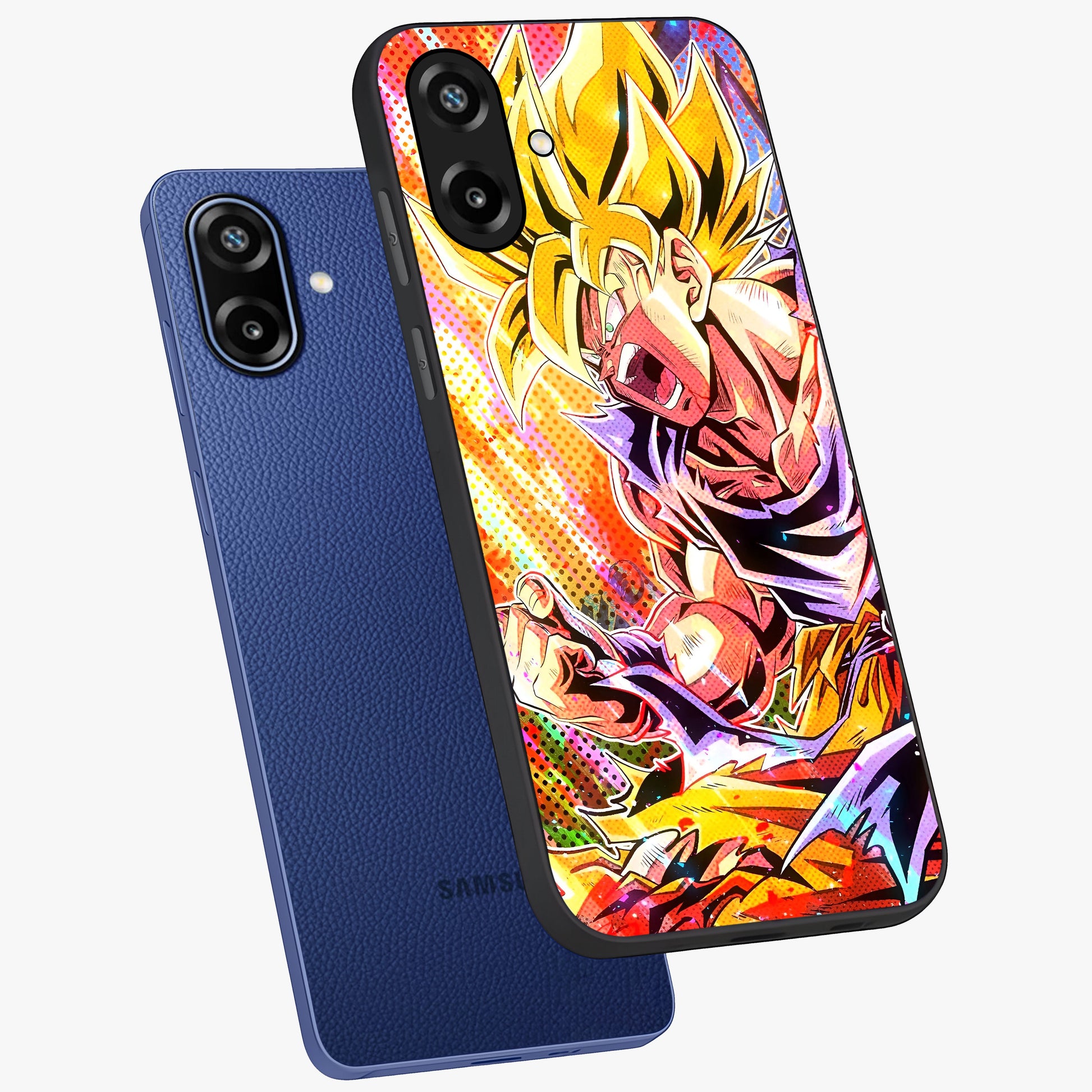 Firing Goku Glass Case displayed in angled mockup highlighting dynamic anime character design with action aesthetic.