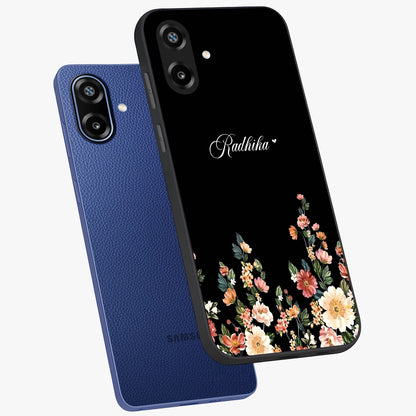 Floral Design With a Custom Personalized Name Glass Case displayed in angled mockup highlighting elegant floral pattern with custom name feature.