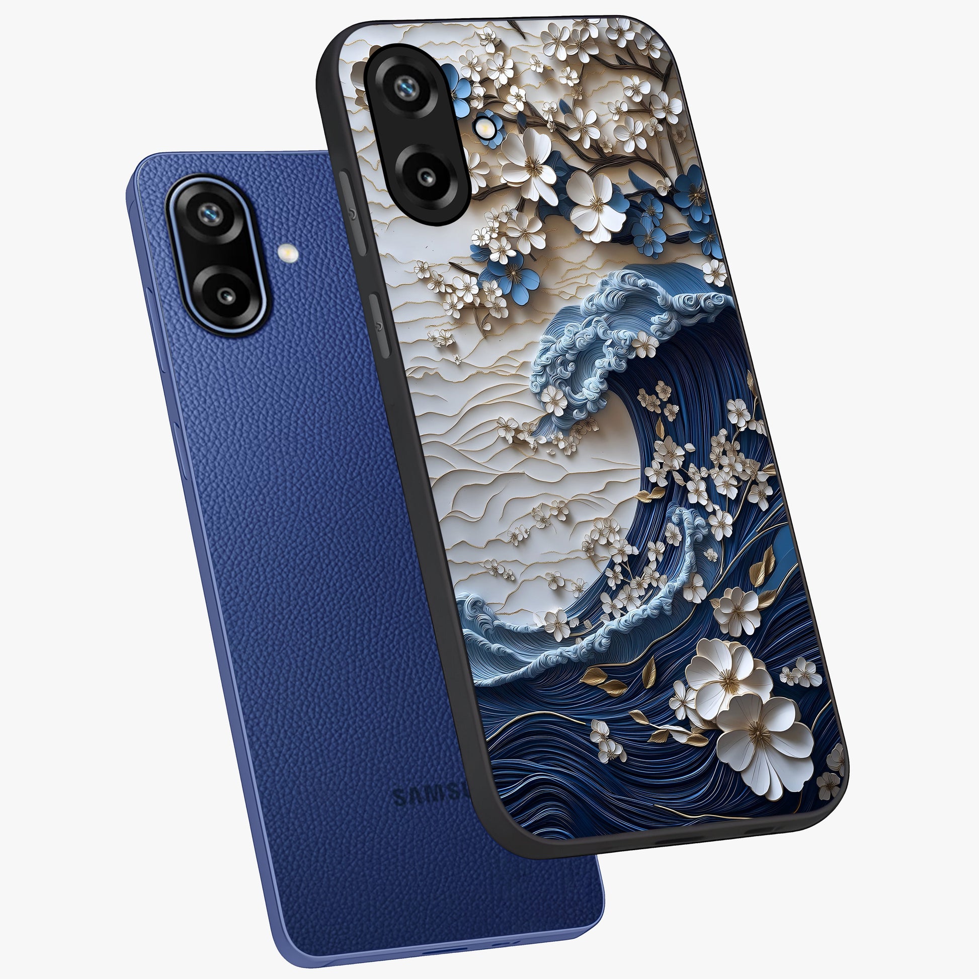 Floral Wave Origami Glass Case displayed in angled mockup highlighting geometric origami flower design with modern aesthetic style.