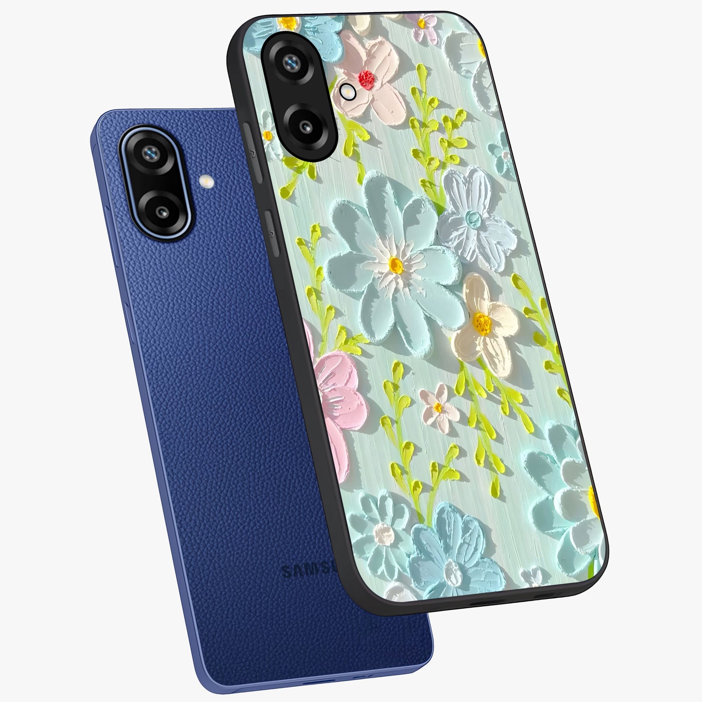 Frosted Petal Garden Glass Case displayed in angled mockup highlighting delicate flower petal design with calm garden aesthetic.