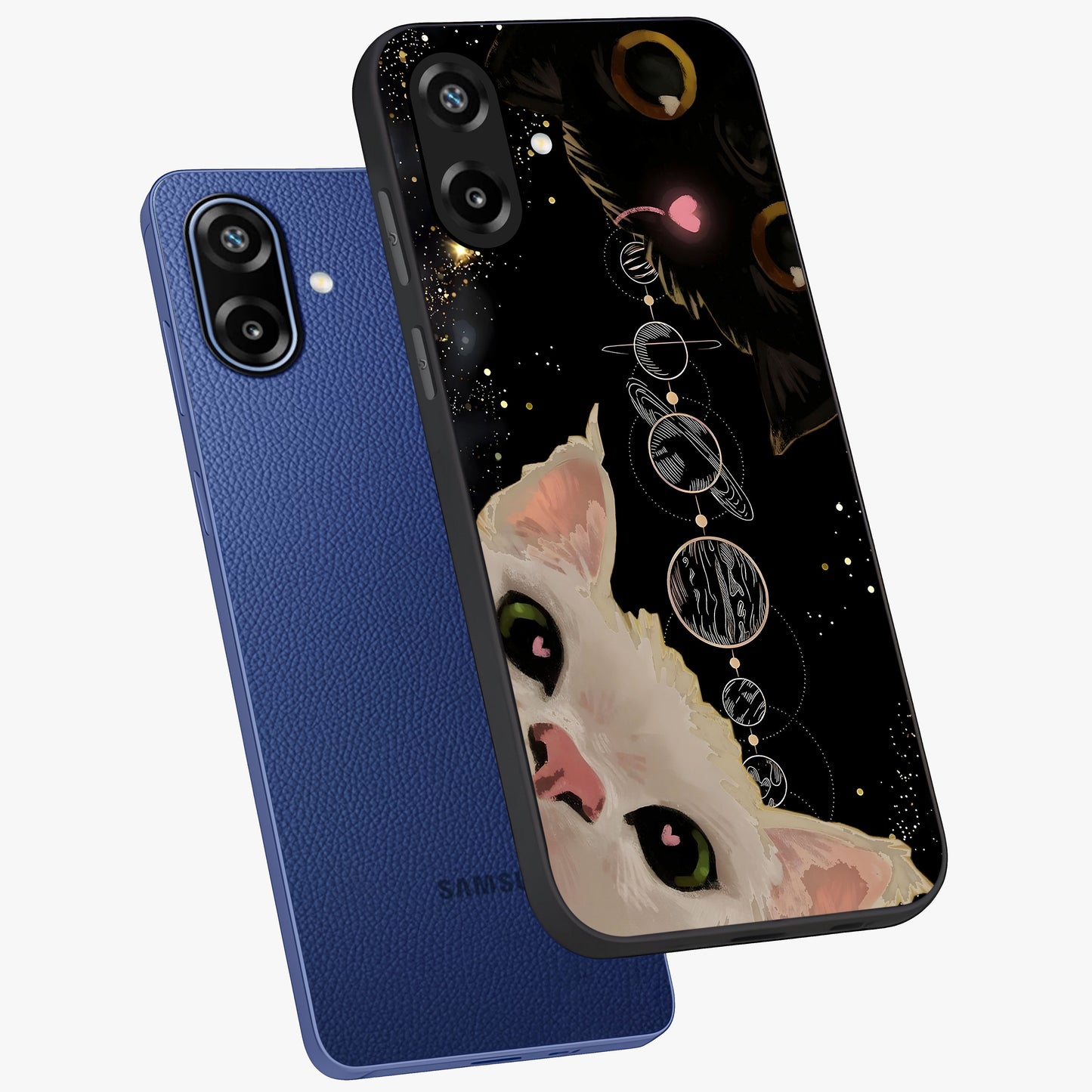 Galactic Cat Glass Case displayed in angled mockup highlighting celestial feline illustration with galaxy aesthetic style.