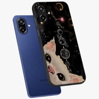 Galactic Cat Glass Case displayed in angled mockup highlighting celestial feline illustration with galaxy aesthetic style.