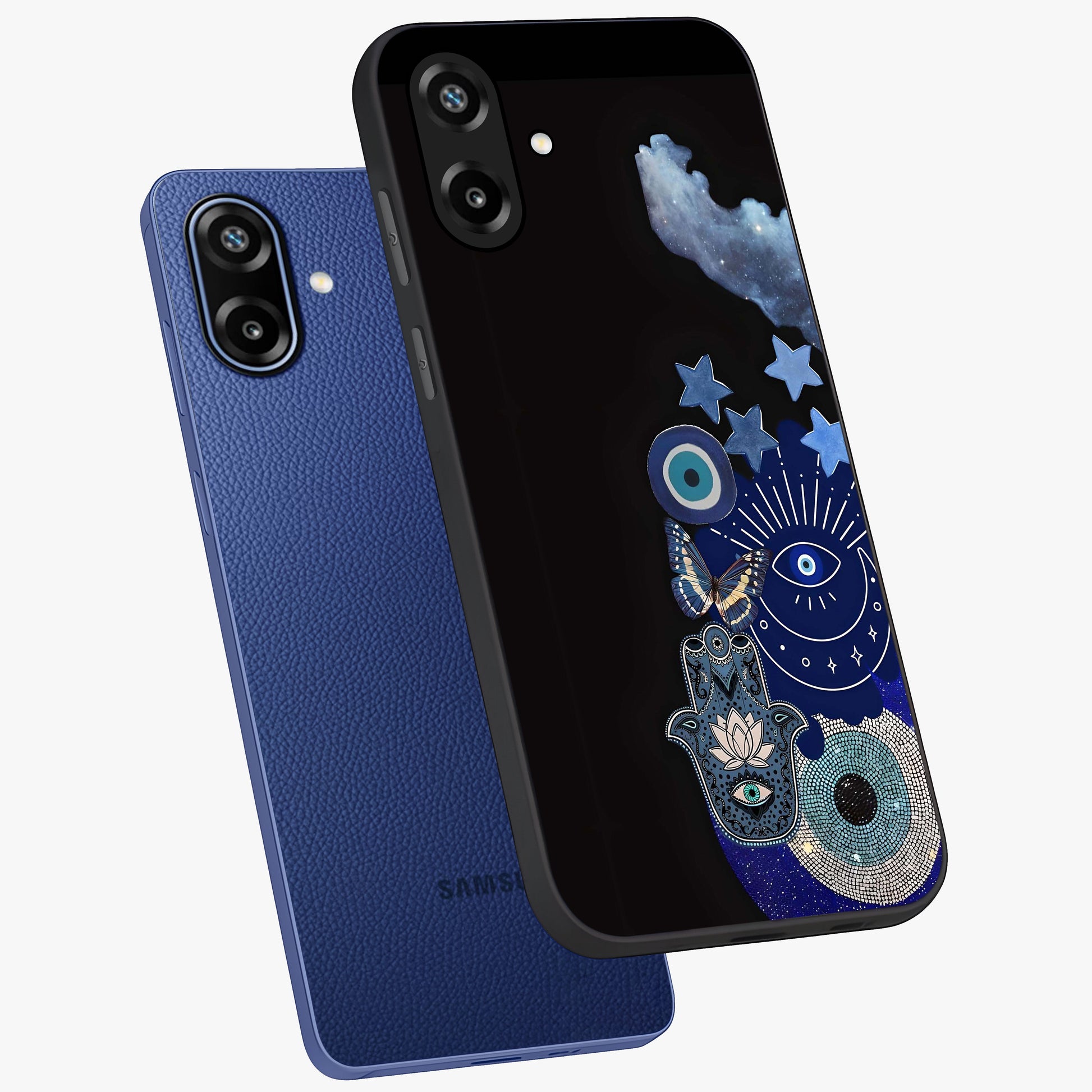 Galactic Charm Cluster Glass Case displayed in angled mockup highlighting luminous galaxy inspired design with dreamy aesthetic.