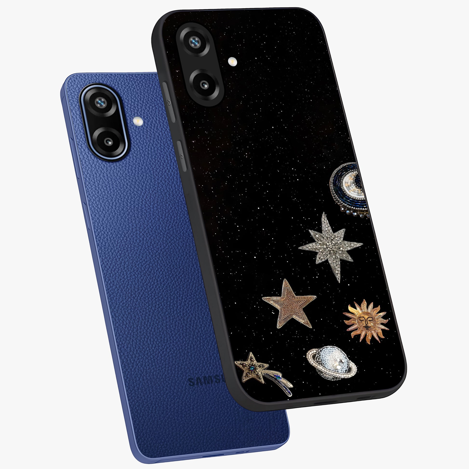 Galactic Charm Glow Glass Case displayed in angled mockup highlighting luminous galaxy inspired design with dreamy aesthetic.