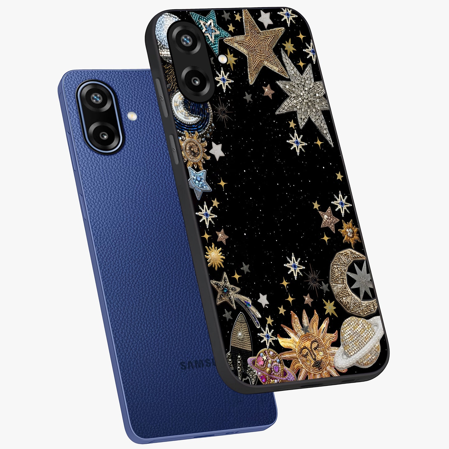 Galactic Jewel Stars Glass Case displayed in angled mockup highlighting shining celestial star design with cosmic aesthetic style.