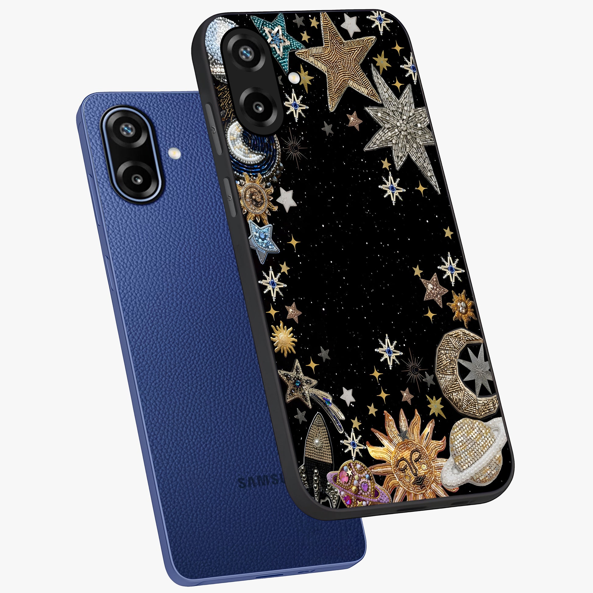 Galactic Jewel Stars Glass Case displayed in angled mockup highlighting shining celestial star design with cosmic aesthetic style.
