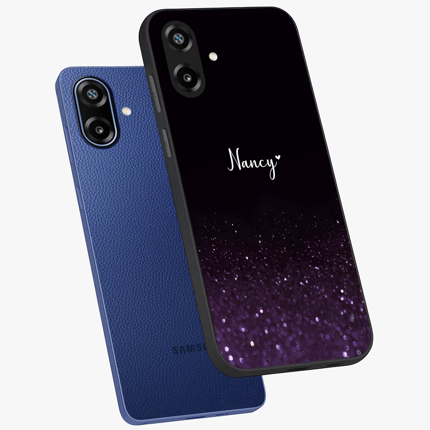 Glittery Purple Bokeh Custom Name Glass Case displayed in angled mockup highlighting glitter bokeh pattern with custom name feature.