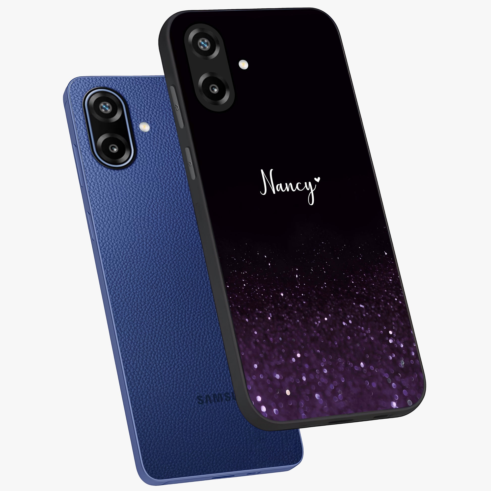 Glittery Purple Bokeh Custom Name Glass Case displayed in angled mockup highlighting glitter bokeh pattern with custom name feature.