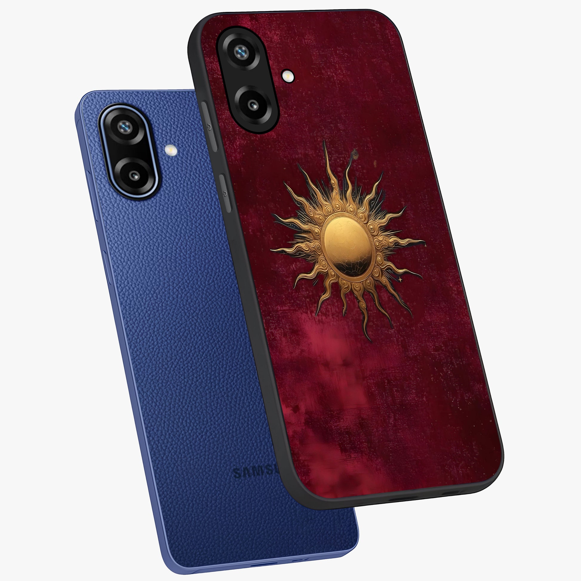Golden Sun Minimalism Glass Case displayed in angled mockup highlighting clean sun symbol design with modern minimal aesthetic.