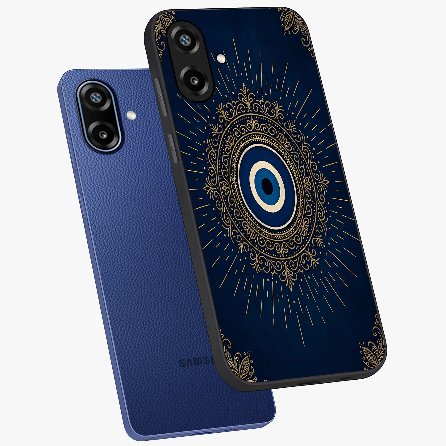 Golden Celestial Charm Glass Case displayed in angled mockup highlighting sparkling cosmic charm design with celestial aesthetic.