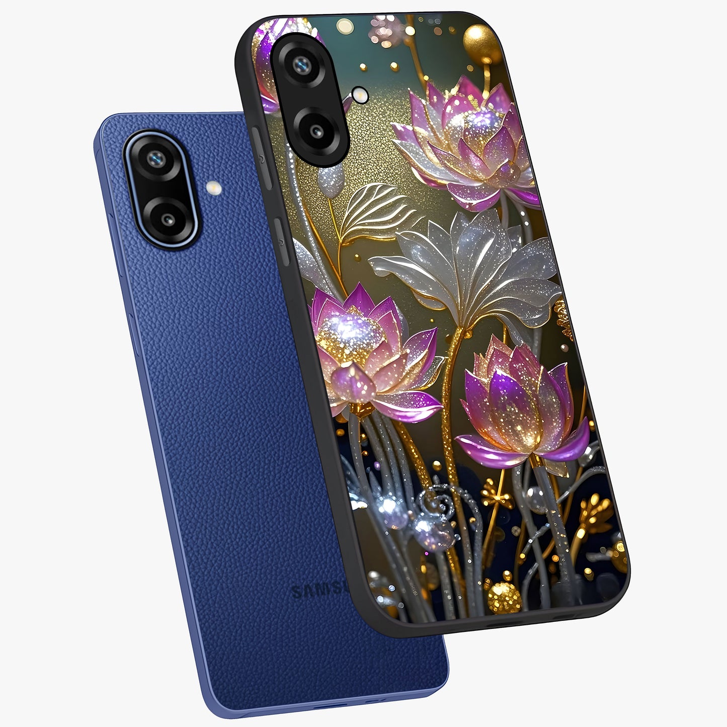 Golden Floral Majesty Glass Case displayed in angled mockup highlighting elegant flower design with royal golden aesthetic.