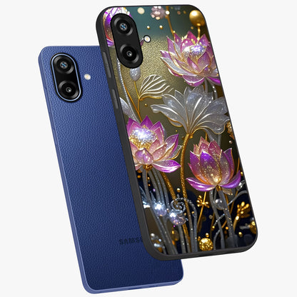 Golden Floral Majesty Glass Case displayed in angled mockup highlighting elegant flower design with royal golden aesthetic.