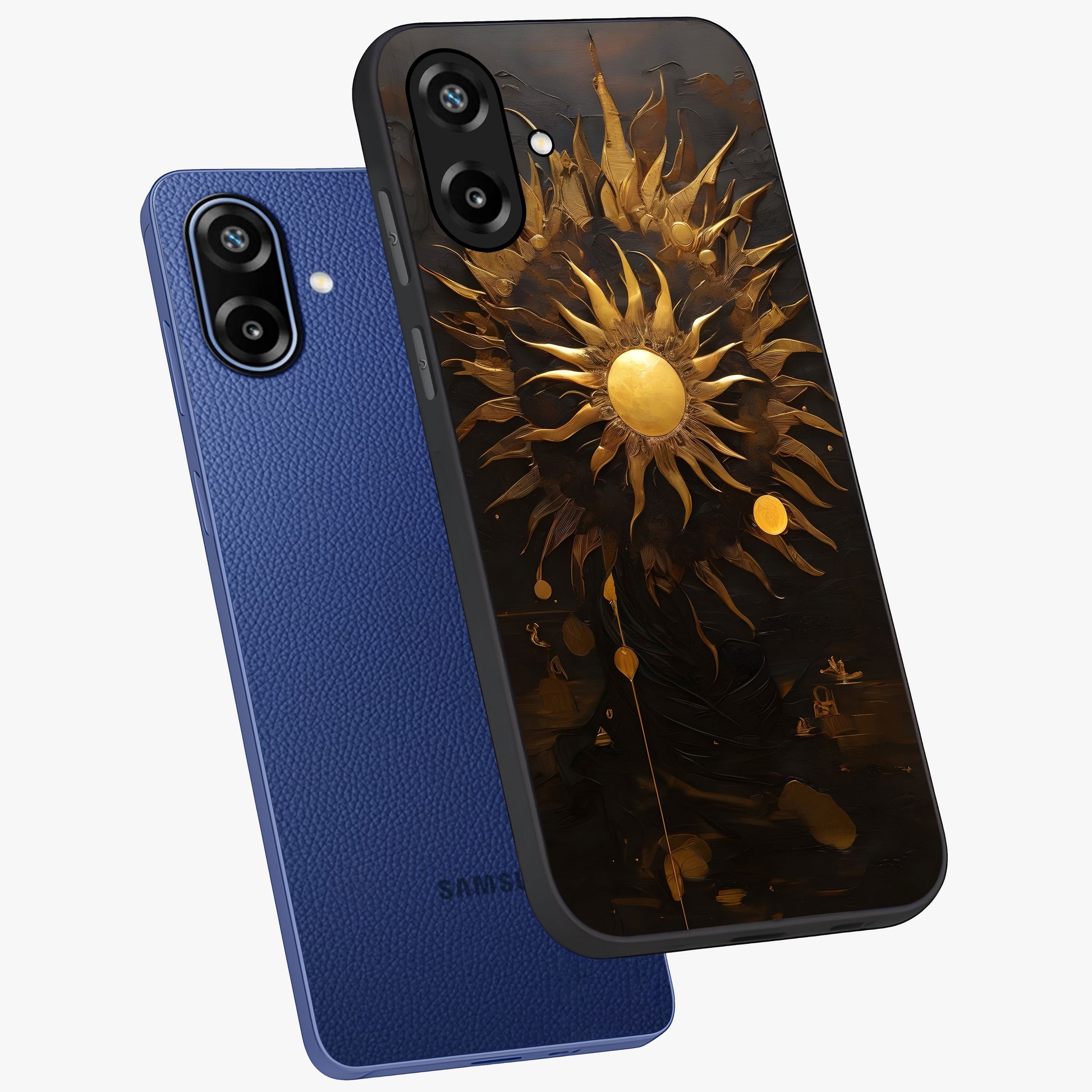 Golden Sun Majesty Glass Case displayed in angled mockup highlighting eerie shadow illustration with gothic aesthetic.