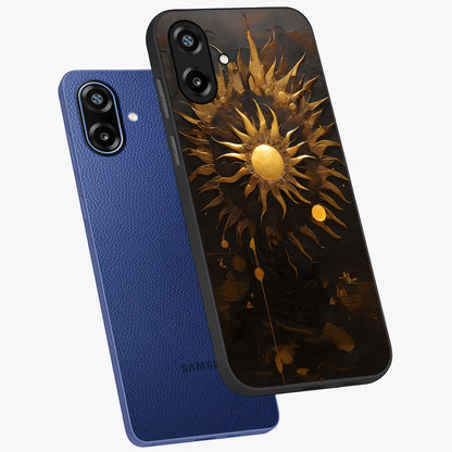 Golden Sun Majesty Glass Case displayed in angled mockup highlighting eerie shadow illustration with gothic aesthetic.