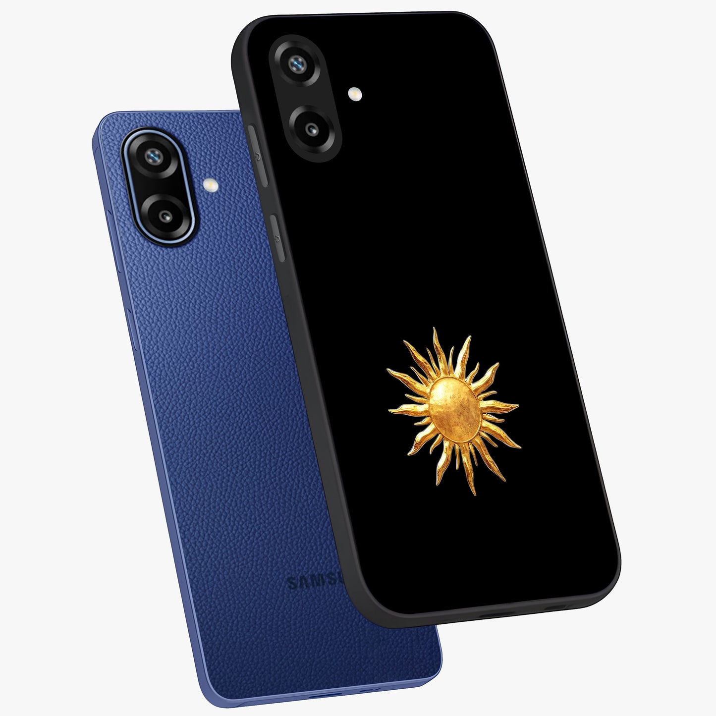 Golden Sun Minimalism Glass Case displayed in angled mockup highlighting eerie shadow illustration with gothic aesthetic.