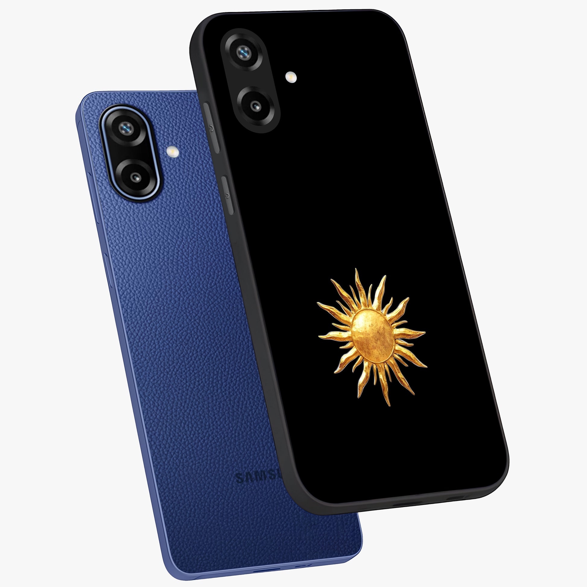 Golden Sun Minimalism Glass Case displayed in angled mockup highlighting eerie shadow illustration with gothic aesthetic.