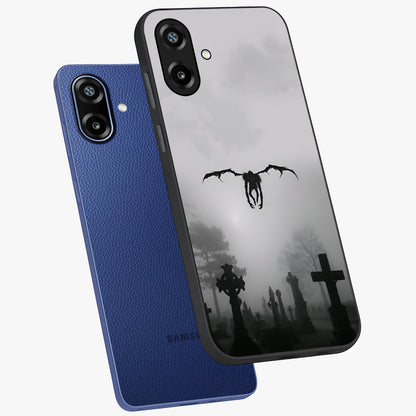 Graveyard Shadow Descent Glass Case displayed in angled mockup highlighting eerie shadow illustration with gothic aesthetic.