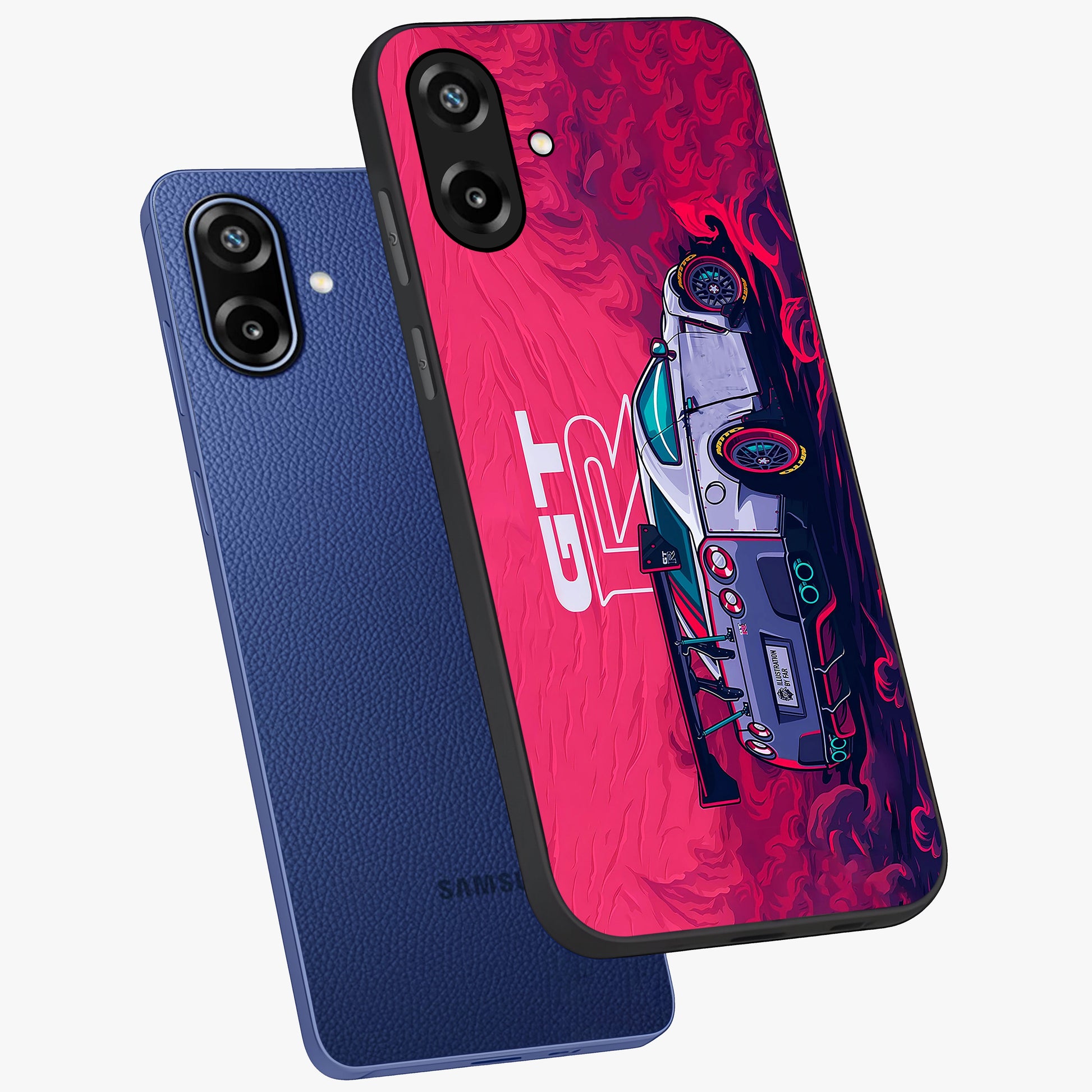 GT-R Car Pattern Glass Case displayed in angled mockup highlighting racing car graphic design with bold automotive aesthetic.