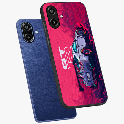 GT-R Car Pattern Glass Case displayed in angled mockup highlighting racing car graphic design with bold automotive aesthetic.