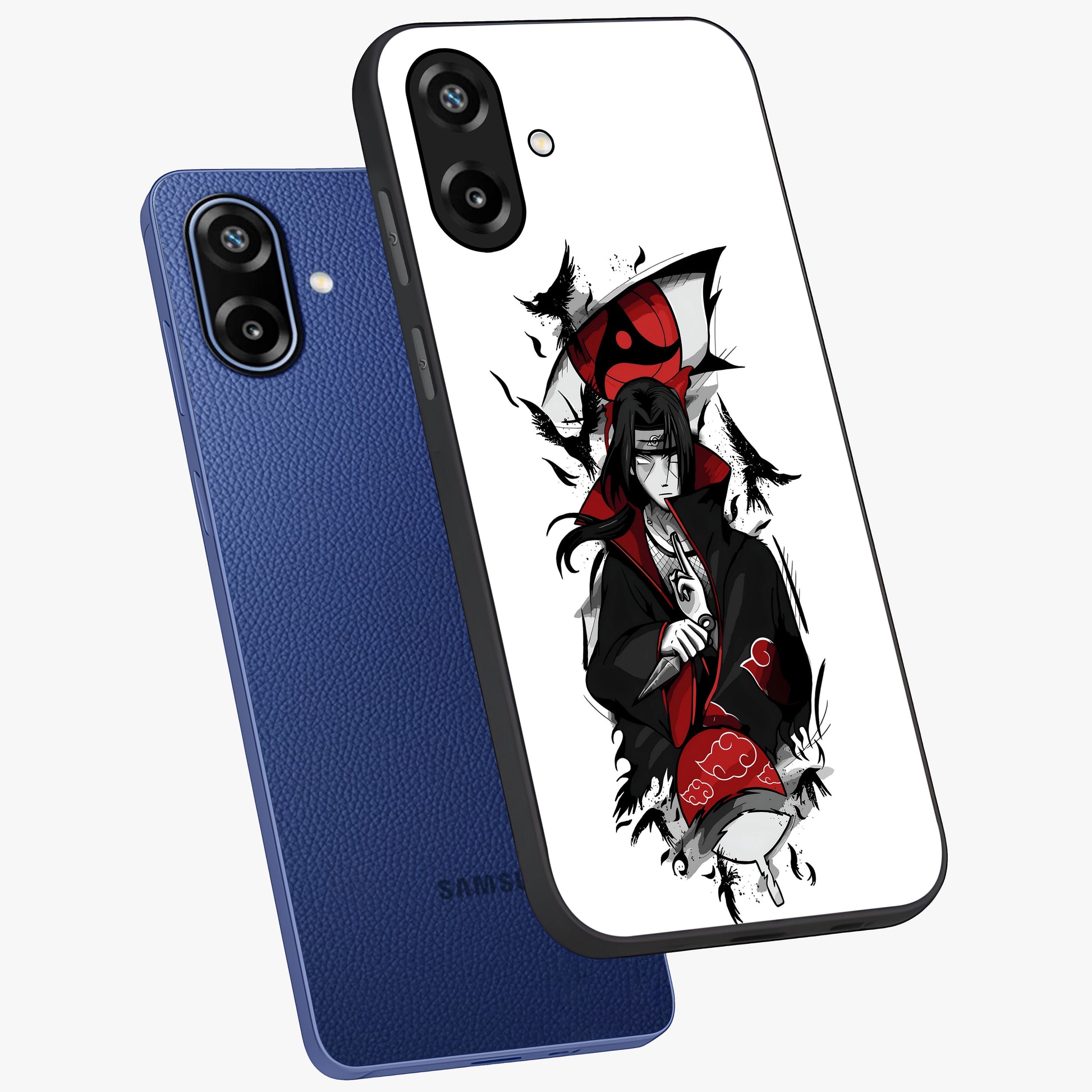 Itachi Limited Edition Naruto Anime Glass Case displayed in angled mockup highlighting dramatic anime illustration with bold action aesthetic.
