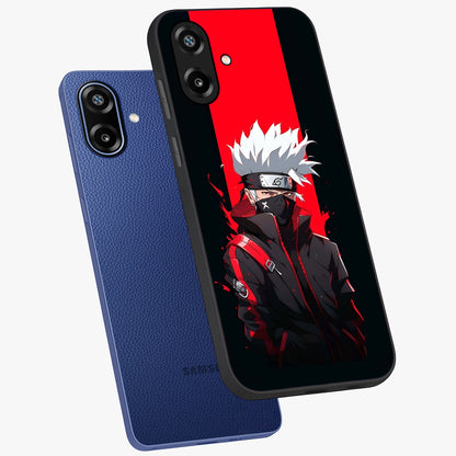 Kakashi Scarlet Shadow Glass Case displayed in angled mockup highlighting dramatic ninja illustration with scarlet themed aesthetic.