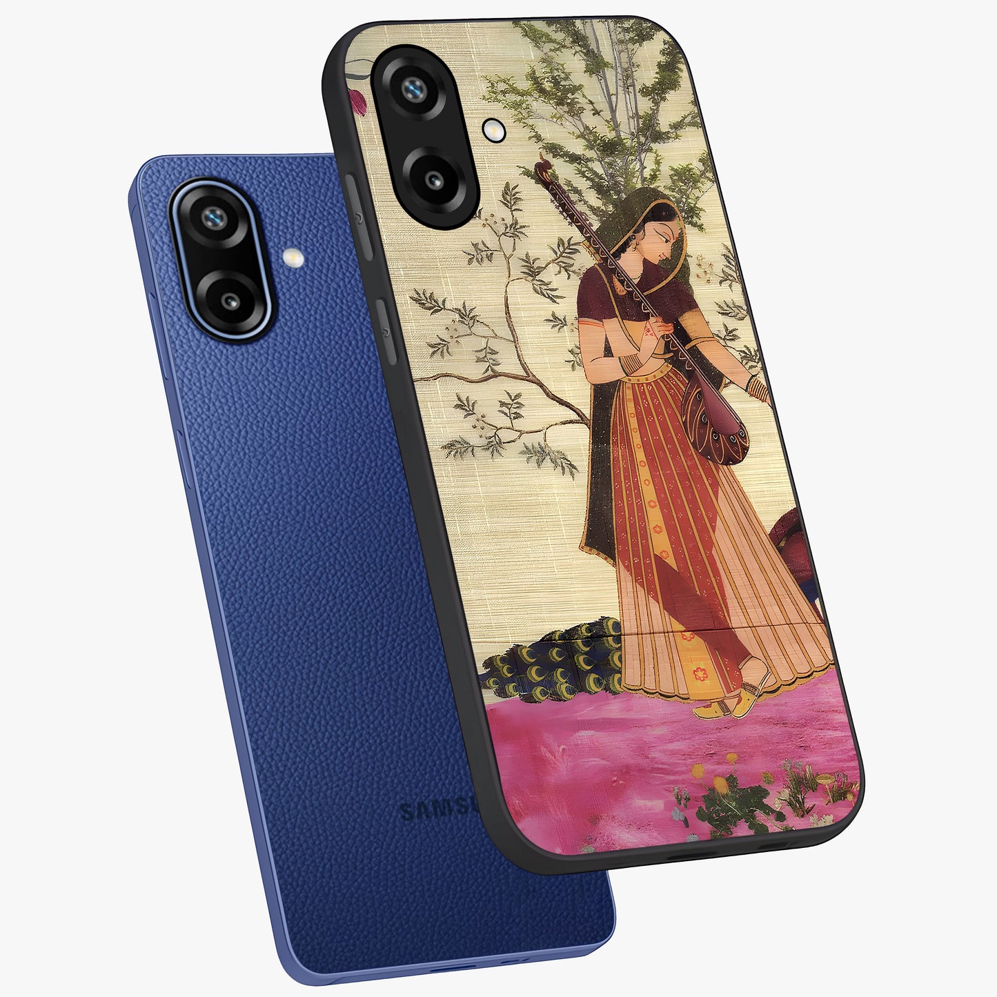Lady With Veena Art Glass Case displayed in angled mockup highlighting graceful musical illustration with cultural artistic aesthetic.