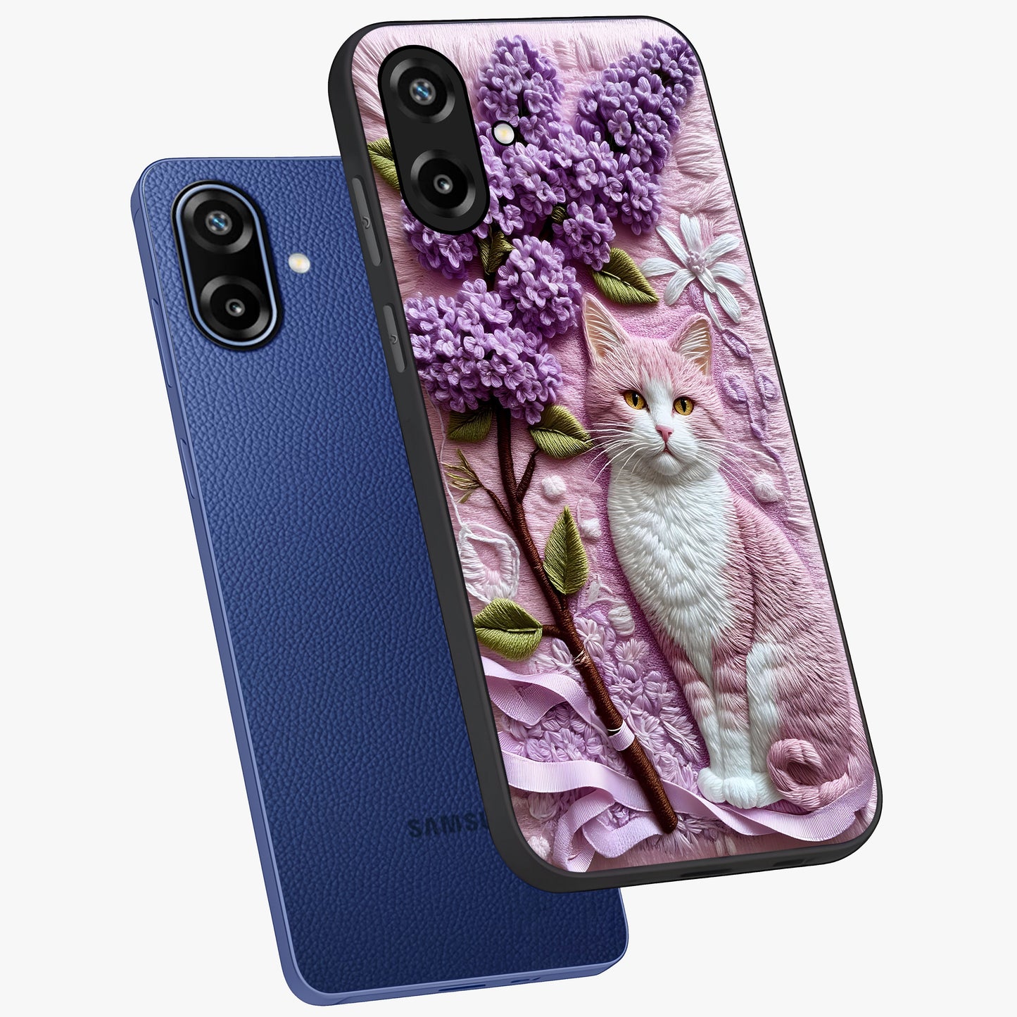 Lavender Cat Whimsy Glass Case displayed in angled mockup highlighting playful feline illustration with pastel lavender aesthetic.