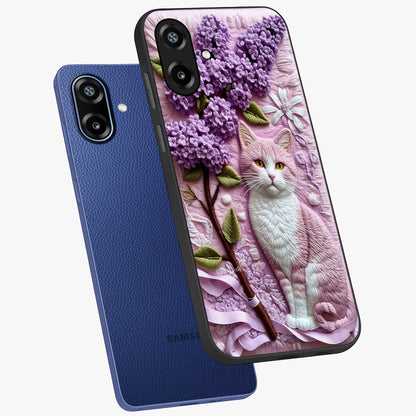 Lavender Cat Whimsy Glass Case displayed in angled mockup highlighting playful feline illustration with pastel lavender aesthetic.