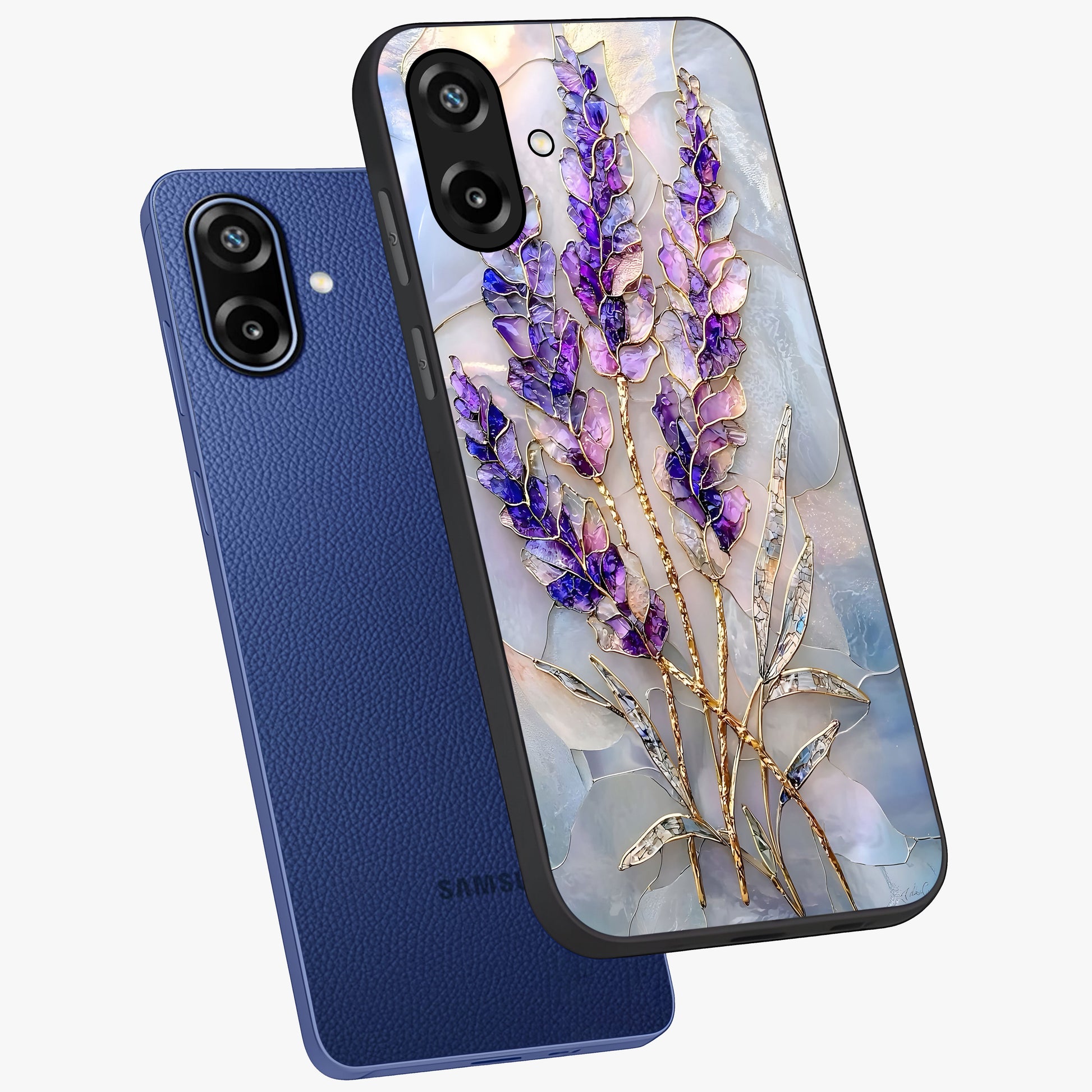 Lavender Dream Glow Glass Case displayed in angled mockup highlighting dreamy purple glow design with soft artistic style.